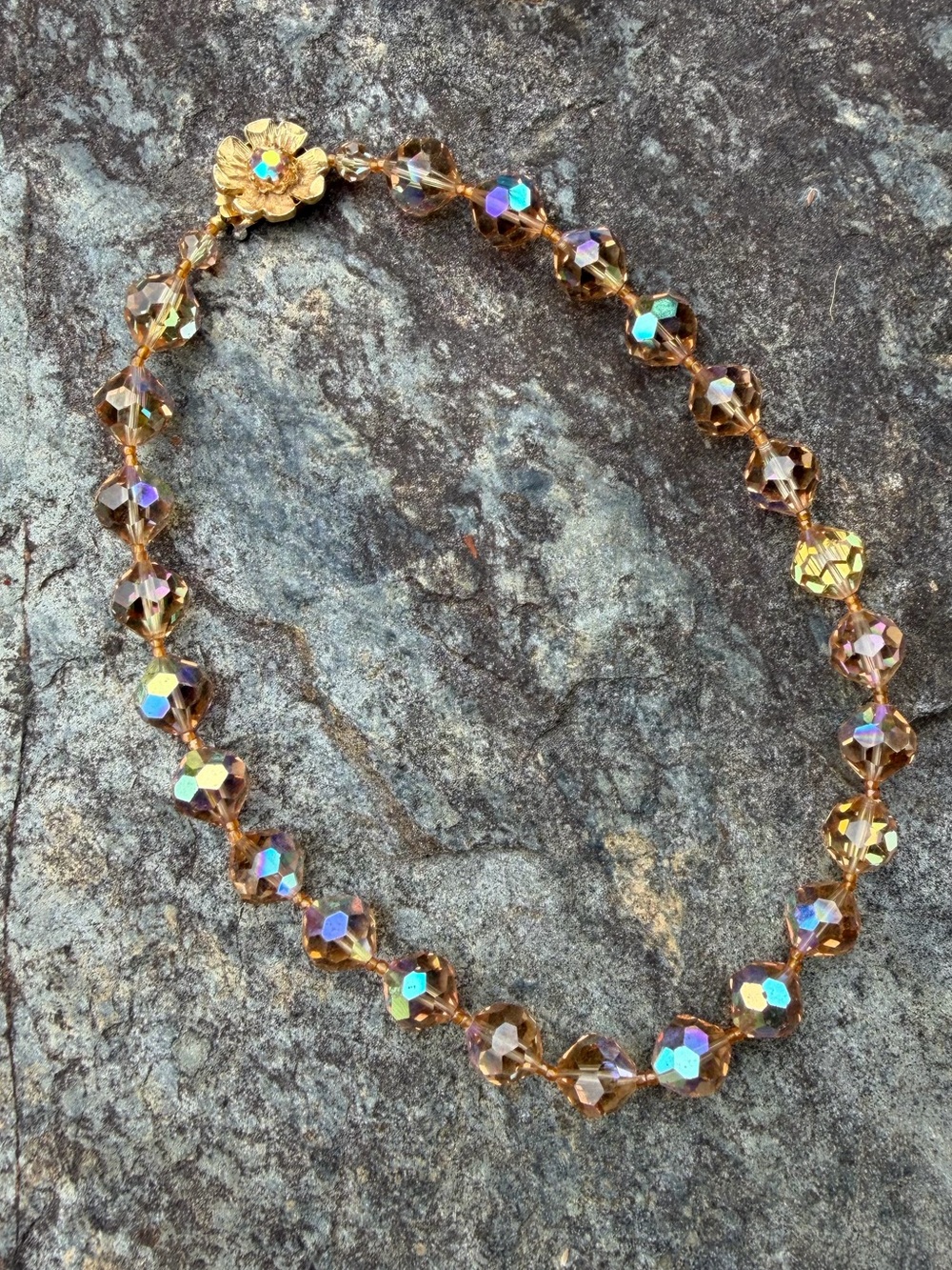 Vintage Champagne Gold Aurora Crystal Bead Short Necklace